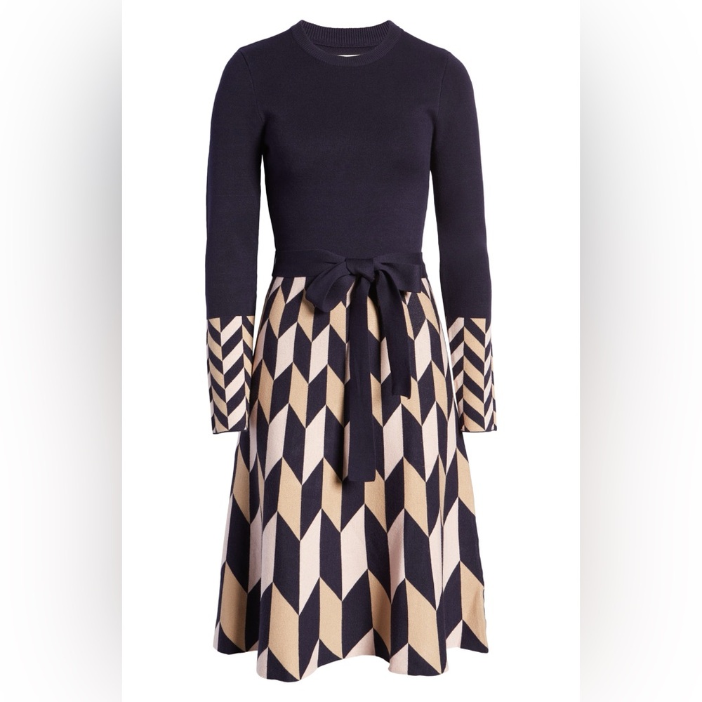 Eliza J Geometric Knit Sweater‎ Geometric Print Dress XL Fit & Flare Long Sleeve